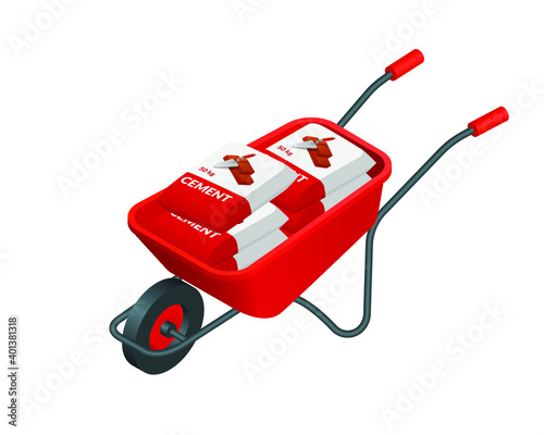 Isometric vector cement bags on red wheelbarrow illustration isolated on white background. Metal wheelbarrow and cement bags colorful vector icon. Building material and equipment in flat cartoon style