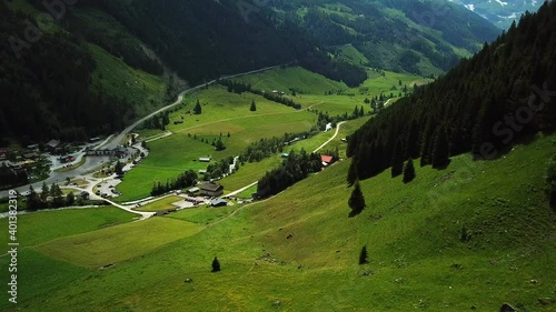 Aerial view above Ferleiten, Austria, situated in a mountain valley