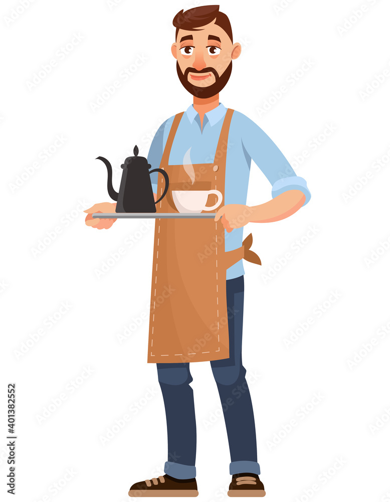 Barista holding tray of tea. Male person in cartoon style. Barista holding tray of tea. Male person in cartoon style.