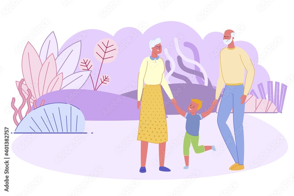 Senior Couple Walking with Little Boy in Park. Senior Couple Walking with Little Boy in Park.