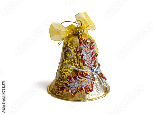 Gold-plated Christmas glass bell with yellow bow on white background