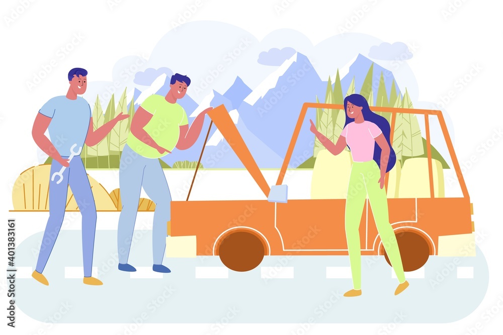 Fototapeta premium Friends Have Problem with Car on Countryside Road.