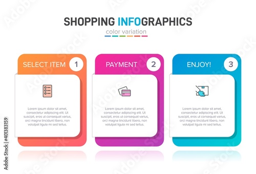 Concept of shopping process with 3 successive steps. Three colorful graphic elements. Timeline design for brochure, presentation, web site. Infographic design layout.