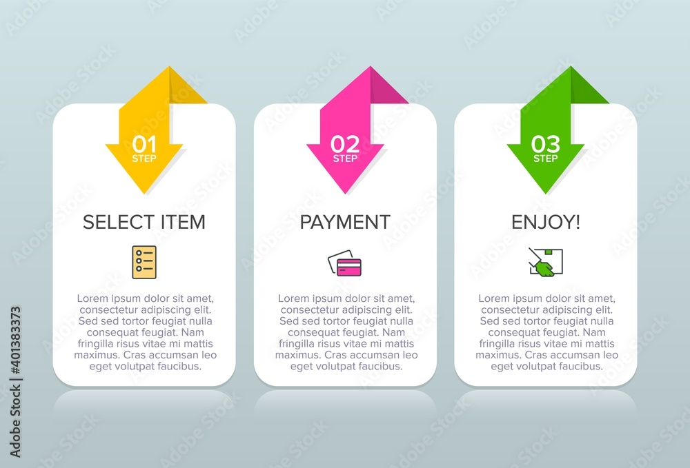 Concept of shopping process with 3 successive steps. Three colorful graphic elements. Timeline design for brochure, presentation, web site. Infographic design layout.
