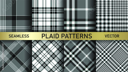 Seamless vector plaid patterns. Set of 8 tartan backgrounds. Collection of stylish geometric designs for fabric, textile, wrapping etc.