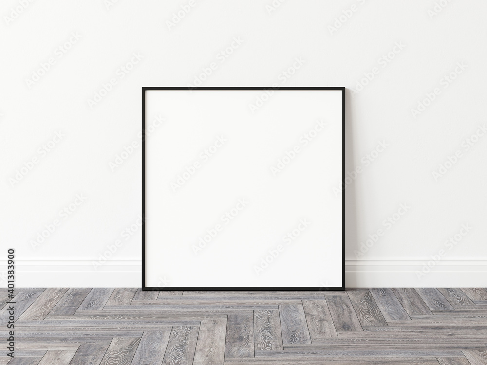 Blank square picture frame with thin black border standing on wooden parquet floor leaning on white wall. 3D Illustration. Blank square picture frame with thin black border standing on wooden parquet floor leaning on white wall. 3D Illustration.