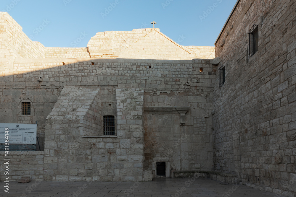 The Church of Nativity building in the central square in the city of Bethlehem in the Palestinian Authority, Israel