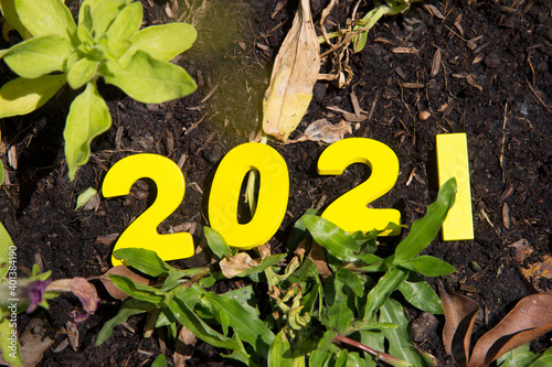 Happy New Year 2021 Concept.English alphabet made of yellow wood on the lawn in the garden