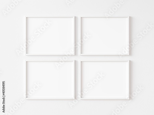 Four blank white rectangular exhibition backgrounds. Shadows on white wall. Blank space for your text. 3D illustration.