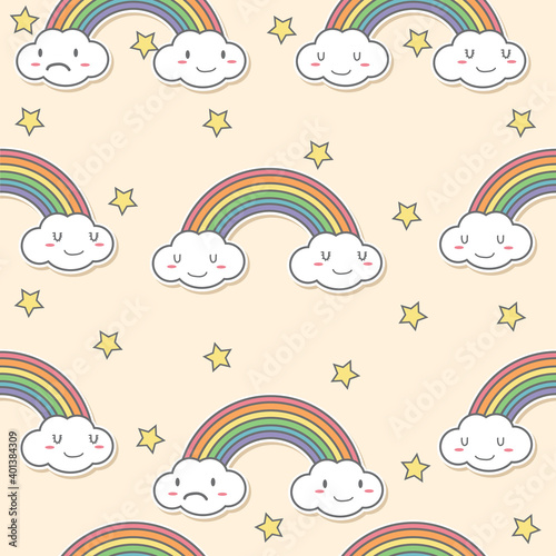 Pastel Rainbow and cloud seamless pattern