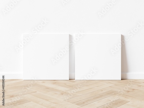 Fototapeta Naklejka Na Ścianę i Meble -  Two blank white square exhibition backgrounds leaning on white wall. Wooden parquet floor. 3D illustration.