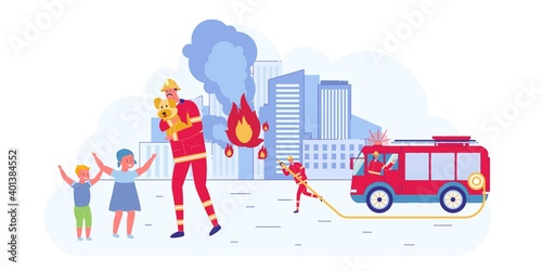 Fireman Rescuing Dog from Burning House Happy Kid.