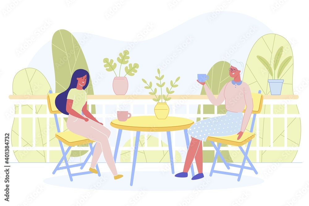 Happy Women Sit on Open Terrace at Home or Cafe Happy Women Sit on Open Terrace at Home or Cafe