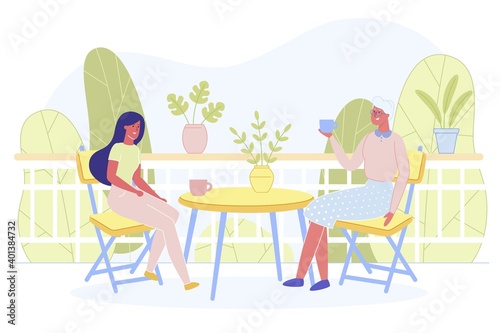 Happy Women Sit on Open Terrace at Home or Cafe