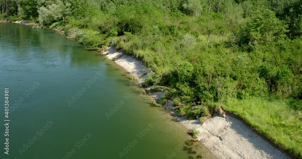 Aerial photo of the free-flowing Drava River with natural banks and gravel bars Aerial photo of the free-flowing Drava River with natural banks and gravel bars