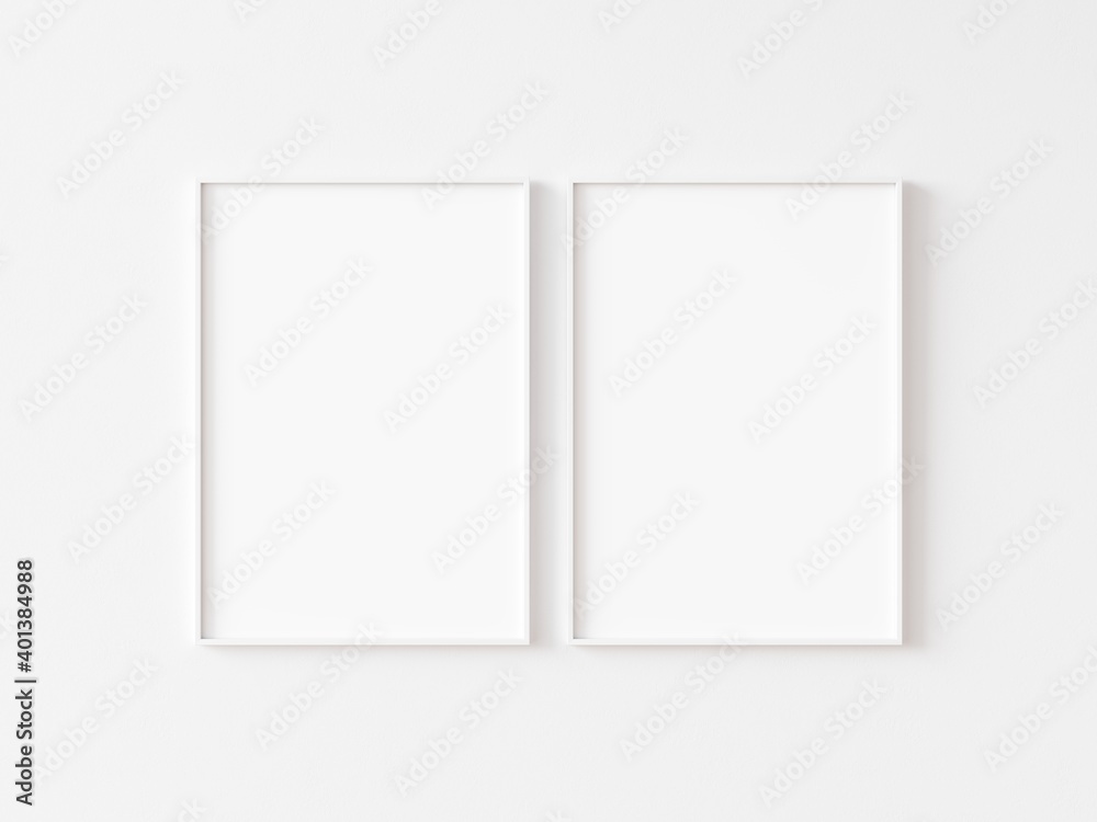 Two blank vertically oriented rectangular picture frames with thin white border hanging on white wall. 3D illustration. - obrazy, fototapety, plakaty 