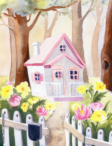Watercolor illustration cute little fabulous house in a picturesque forest and garden