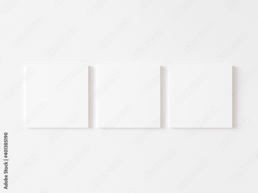Three blank white square exhibition backgrounds hanging on white wall. 3D illustration. Three blank white square exhibition backgrounds hanging on white wall. 3D illustration.