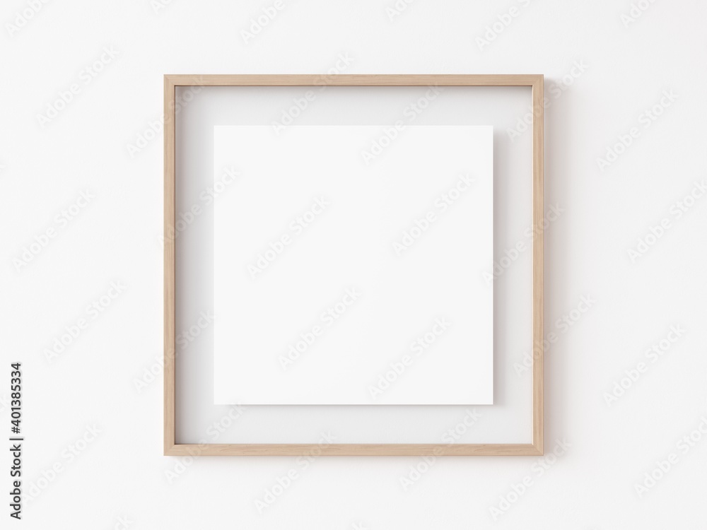 Empty square light wood picture frame with white center hanging on white wall. 3D Illustration. Empty square light wood picture frame with white center hanging on white wall. 3D Illustration.