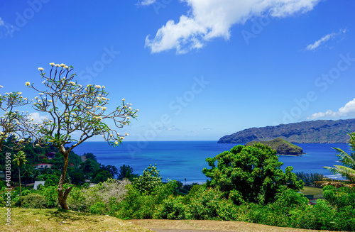 French Polynesia, Marquesas, Hiva Oa Island. View from the cemetery on the bay. 