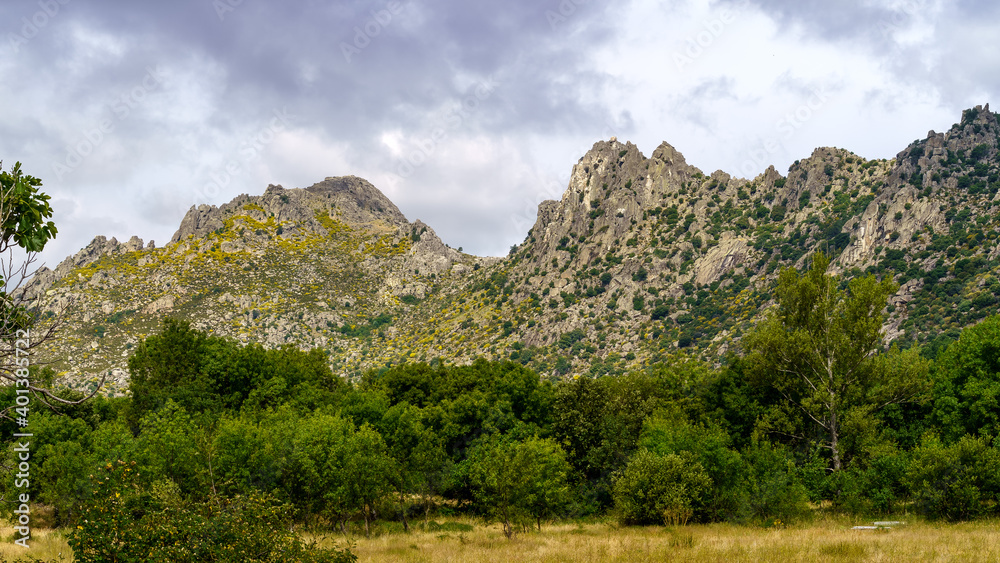 Rocky mountain landscape, vertical wall for climbing. Pico de la Miel. The Cabrera.
