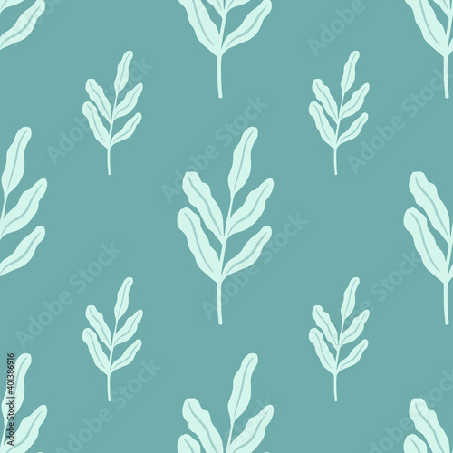 Minimalistic seamless doodle pattern with leaf branches elements. Blue palette artwork.