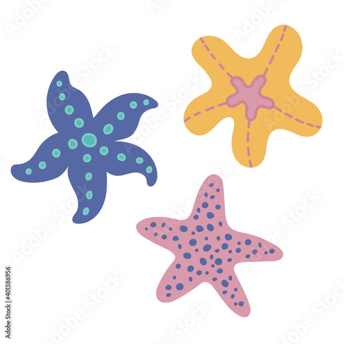 Vector illustration doodle set - starfish. Funny underwater sea creature illustration. Cartoon sea stars. Summer vacation concept. Design elements for cards, poster, t-shirt print, books