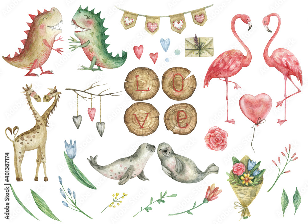 Fototapeta premium Watercolor cute set for Valentine's Day with enamored seals, giraffes, flamingos and dinosaurs. Decor from wooden log cabins with the inscription 