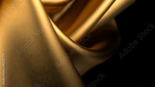 Golden twisted fabric with shallow depth of field. Detailed silk folded cloth. 3d illustration render