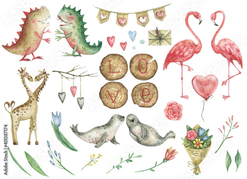 Watercolor cute set for Valentine s Day with enamored seals  giraffes  flamingos and dinosaurs. Decor from wooden log cabins with the inscription  LOVE   bouquets of flowers  flags with hearts .