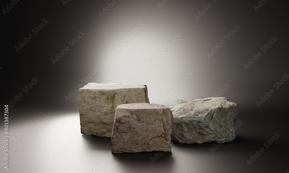 Podium platform for product presentation made of three big rocks. Podium display set. Trendy minimalist banner. 3d illustration. 3D render. Podium platform for product presentation made of three big rocks. Podium display set. Trendy minimalist banner. 3d illustration. 3D render.