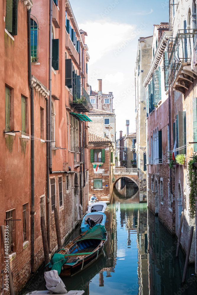 Grand canal for gondola in travel europe city. Old italian architecture with landmark bridge, romantic boat. Venezia. Italy, Venice.