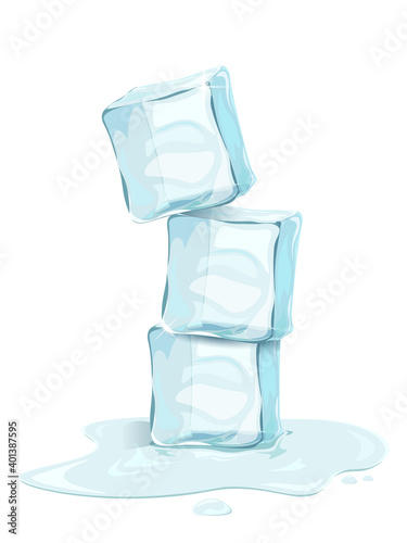 Realistic Three Ice cubes with water drops on white background vector illustration