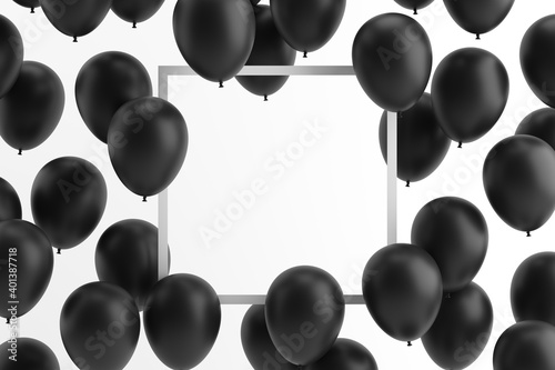 Wide 3D illustration of flying black party balloons against white background. Grey square frame for your text. Black Friday advertising concept.