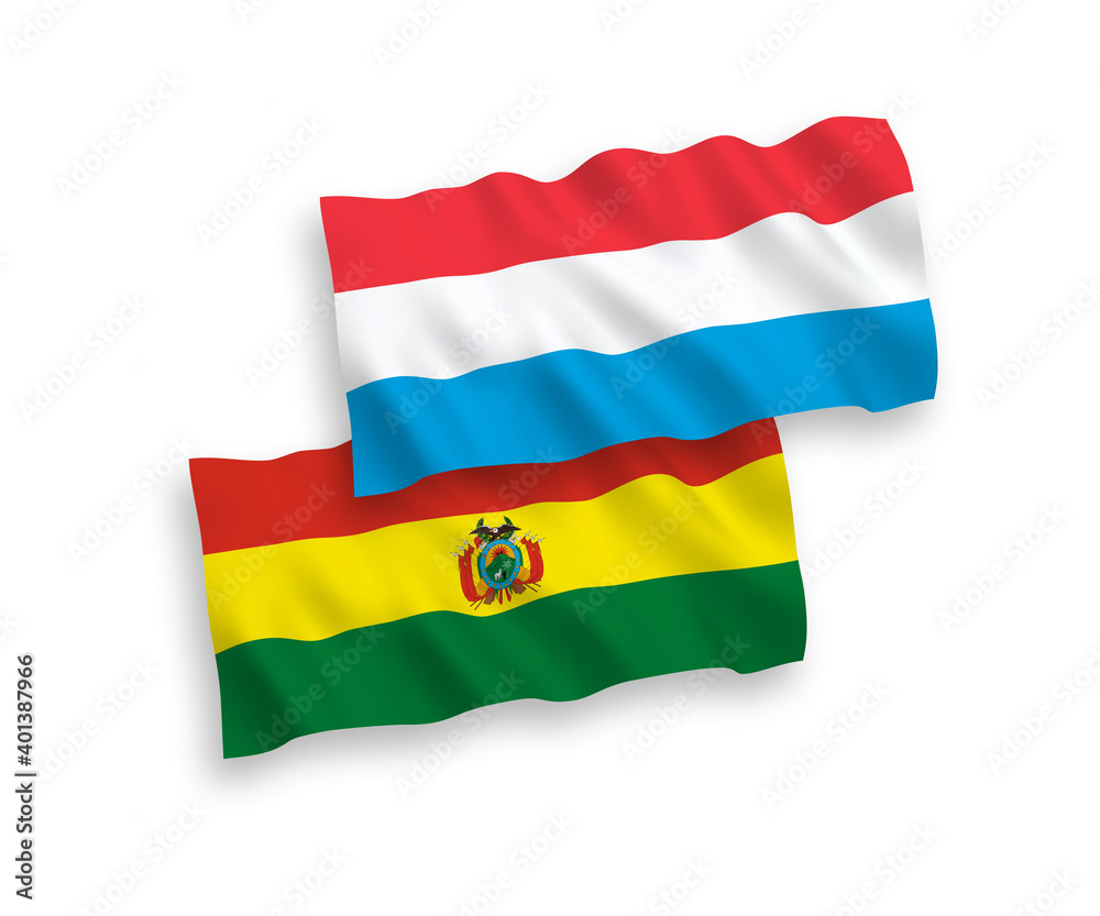 National vector fabric wave flags of Bolivia and Luxembourg isolated on white background. 1 to 2 proportion. National vector fabric wave flags of Bolivia and Luxembourg isolated on white background. 1 to 2 proportion.