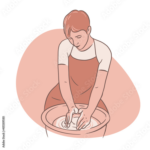 A woman works on a Potter's wheel. Ceramic craft master. Pottery hobby.