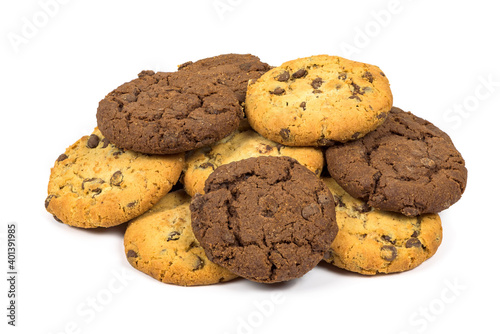 Heap of different chocolate chips cookies on white background