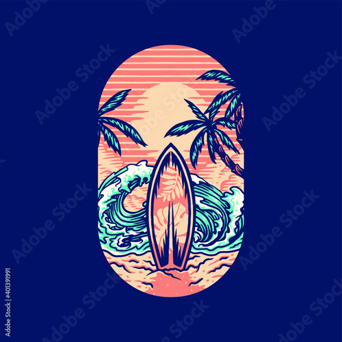 Surfing summer beach t-shirt graphic design, hand drawn line with digital color, vector illustration
