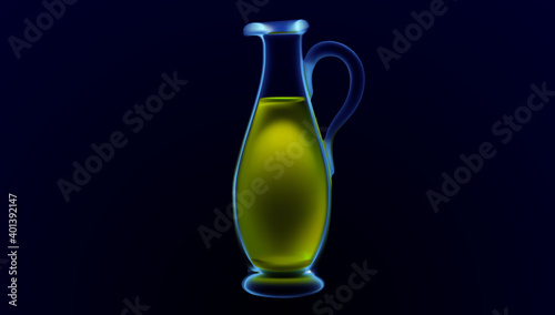 Bottle of extra virgin olive oil realistic icon ingredient of mediterranean cuisine, glass amphora of olive oil, transparent vector object on blue dark background