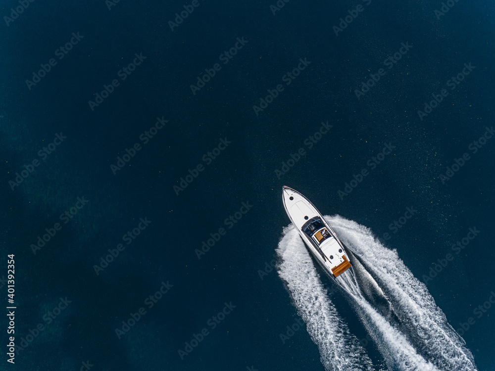 Aerial view of speed boat.