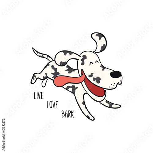 Cute funny dog, puppy running, quote Live love bark. Hand drawn color vector illustration, isolated on white. Line art. Pet logo, icon. Design concept for trendy poster, t-shirt, fashion print.
