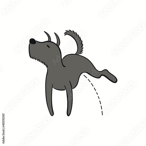 Cute funny peeing dog, puppy. Hand drawn color vector illustration, isolated on white. Line art. Pet logo, icon. Design concept for trendy poster, t-shirt, fashion print.