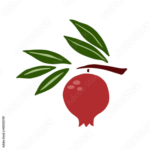 Pomegranate branch. Exotic tropical red fresh fruit, whole juicy garnet with green leaves, vector cartoon minimalistic style isolated illustration, print or poster, sticker