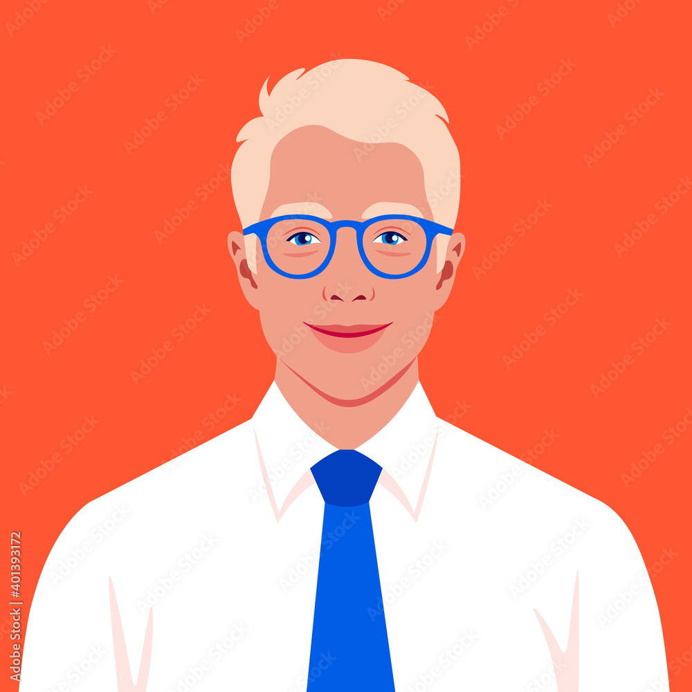 A blond man’s face. An avatar of a happy businessman. A young politician smiles. Vector flat illustration A blond man’s face. An avatar of a happy businessman. A young politician smiles. Vector flat illustration
