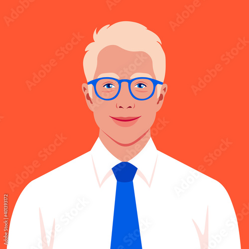 A blond man’s face. An avatar of a happy businessman. A young politician smiles. Vector flat illustration