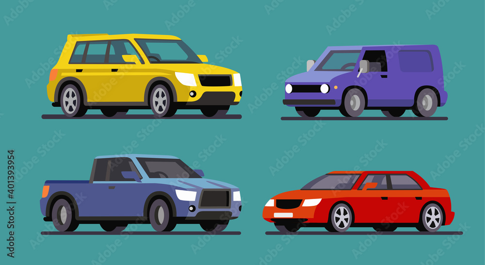 four different cars van, pickup, sedan, SUV