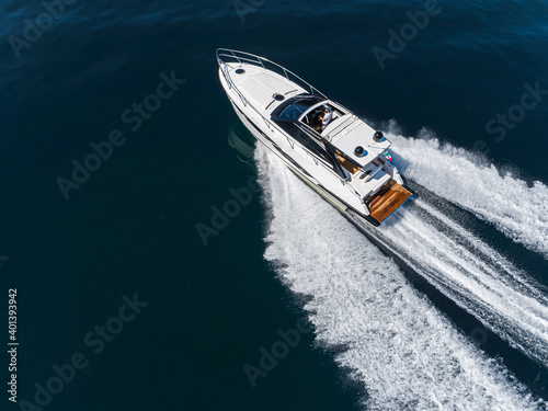 Aerial view of speed boat. © Andrea
