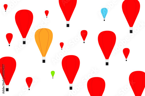 Colorful air balloons clipart. Red, yellow and blue ones flying or floating in white space.