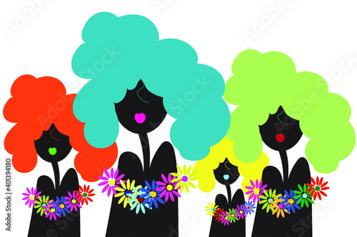 Amazing abstract African girls silhouettes with colorful curly hair style, bright lips and flowers on their chest. Four models on white. Flat and minimal graphic design.