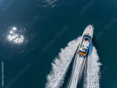 Aerial view of speed boat. © Andrea